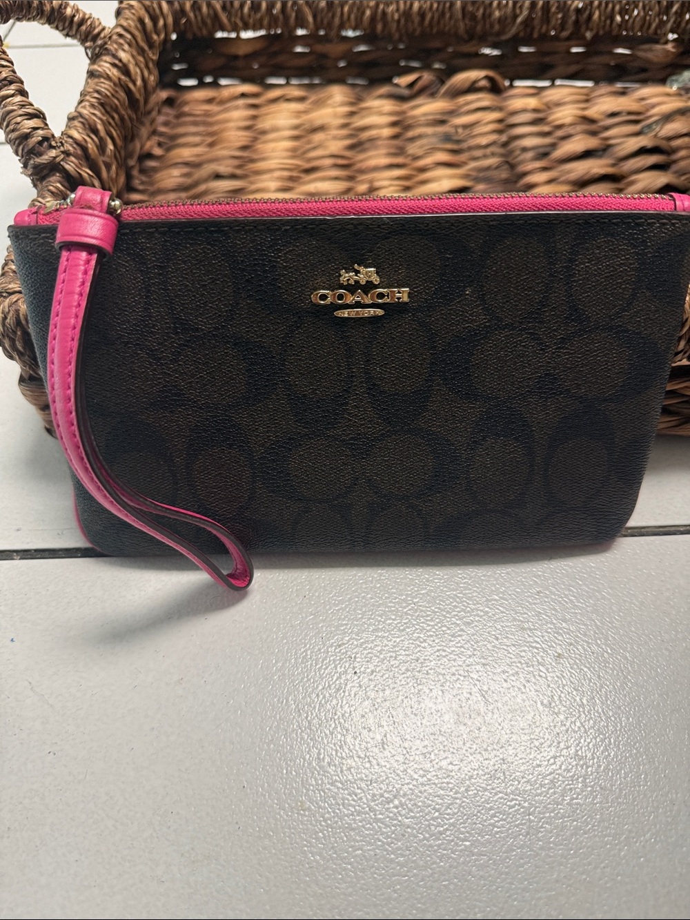 Coach brown & pink wristlet